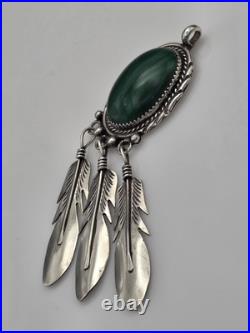 Vintage Sterling Silver 925 Native American Feathers Malachite Pendant For