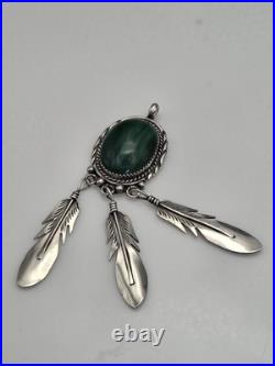 Vintage Sterling Silver 925 Native American Feathers Malachite Pendant For