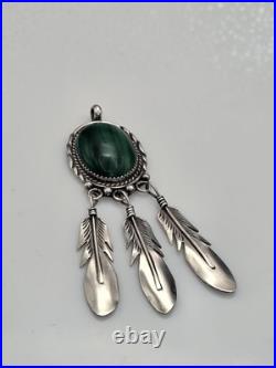 Vintage Sterling Silver 925 Native American Feathers Malachite Pendant For