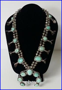 Vintage Sterling Silver 925 Squash Blossom Turquoise Navajo Beads Necklace