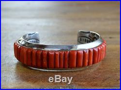 Vintage Sterling Silver Coral Inlay Cuff Bracelet