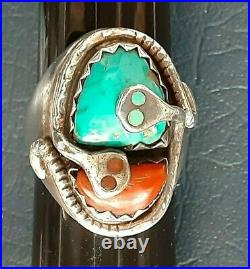 Vintage, Sterling Silver, Effie C. Zuni Ring, Turquoise/ Coral, 24 grams