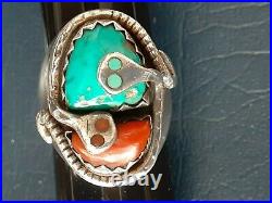 Vintage, Sterling Silver, Effie C. Zuni Ring, Turquoise/ Coral, 24 grams