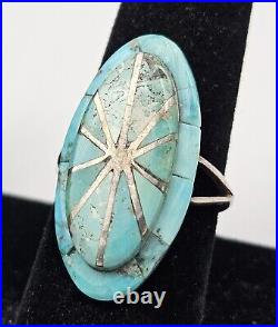 Vintage Sterling Silver Inlaid Turquoise Ring Size 7.5 Signed Native American