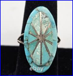 Vintage Sterling Silver Inlaid Turquoise Ring Size 7.5 Signed Native American