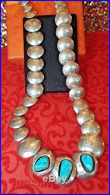 Vintage Sterling Silver Kingman Turquoise Pillow Bead Necklace Native American