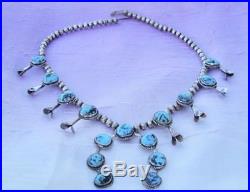 Vintage Sterling Silver NAVAJO Bisbee Turquoise Squash Blossom Necklace. 925