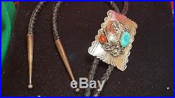 Vintage Sterling Silver Native American Bolo Tie Necklace Red Coral Turquoise