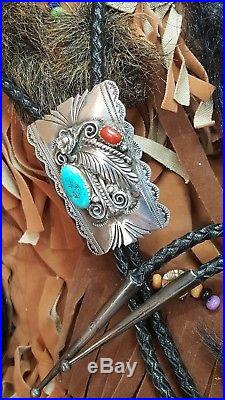 Vintage Sterling Silver Native American Bolo Tie Necklace Red Coral Turquoise