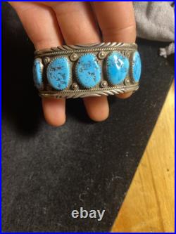 Vintage Sterling Silver Native American Bracelet 5 Torquiest Stones