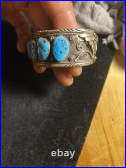 Vintage Sterling Silver Native American Bracelet 5 Torquiest Stones Vintage Sterling Silver Native American Bracelet 5 Torquiest Stones