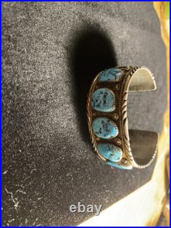 Vintage Sterling Silver Native American Bracelet 5 Torquiest Stones