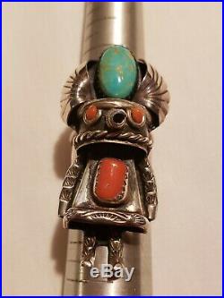 Vintage Sterling Silver Native American Kachina Ring/Turquoise And Coral