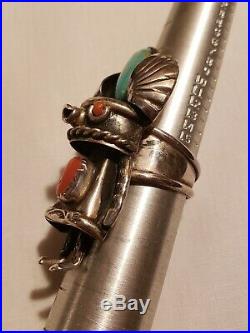 Vintage Sterling Silver Native American Kachina Ring/Turquoise And Coral