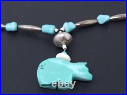 Vintage Sterling Silver Native American Turquoise Bear Necklace 22