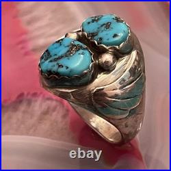 Vintage Sterling Silver Native American Turquoise Biker Mens Ring Size 10.5