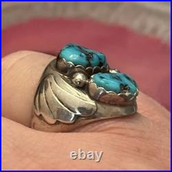 Vintage Sterling Silver Native American Turquoise Biker Mens Ring Size 10.5