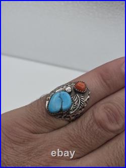 Vintage Sterling Silver Native American Turquoise Coral Handmade Handcrafted