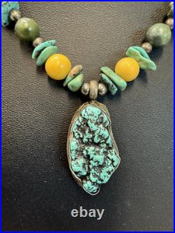 Vintage Sterling Silver Native American Turquoise Pendant & beads Signed TR
