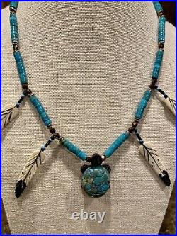 Vintage Sterling Silver Native Turquoise Heishi Turtle Pendant Necklace