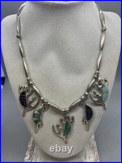 Vintage Sterling Silver Navajo Necklace Lizards Inlaid Gemstones Signed 44G