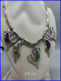 Vintage Sterling Silver Navajo Necklace Lizards Inlaid Gemstones Signed 44G