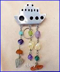 Vintage Sterling Silver Navajo Pueblo Brooch with Dangle Gemstones