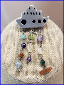 Vintage Sterling Silver Navajo Pueblo Brooch with Dangle Gemstones