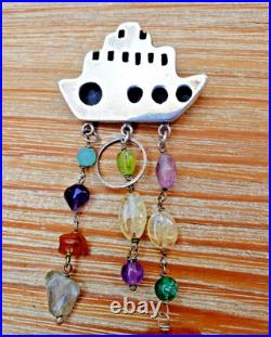 Vintage Sterling Silver Navajo Pueblo Brooch with Dangle Gemstones