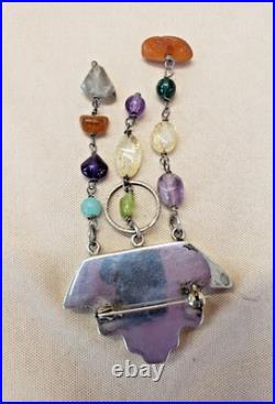 Vintage Sterling Silver Navajo Pueblo Brooch with Dangle Gemstones