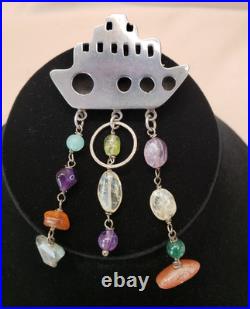 Vintage Sterling Silver Navajo Pueblo Brooch with Dangle Gemstones