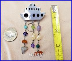Vintage Sterling Silver Navajo Pueblo Brooch with Dangle Gemstones