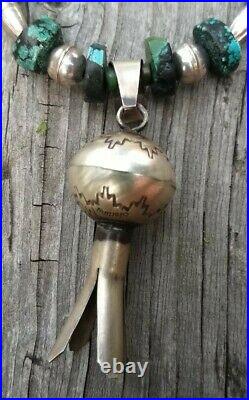 Vintage Sterling Silver Navajo Squash Blossom Pendant Turquiose Necklace MS 50G