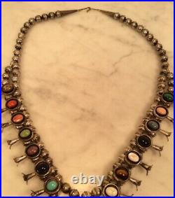 Vintage Sterling Silver PG Multi- Gemstone Squash Blossom Naja Bead Necklace