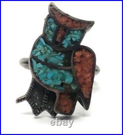 Vintage Sterling Silver Ring Size 6.5 Owl Bird Coral Turquoise Native American