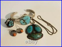Vintage Sterling Silver Signed Navajo Turquoise Jewelry Lot