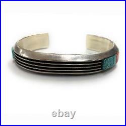 Vintage Sterling Silver Spider Web Turquoise & Coral Cobble Inlay Cuff Bracelet