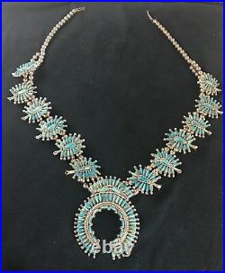 Vintage Sterling Silver Squash Blossom Turquoise Necklace By D N Begay