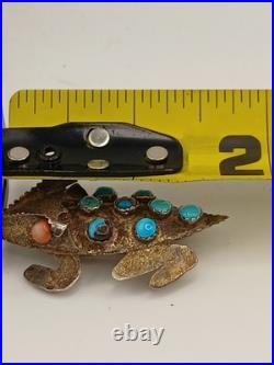 Vintage Sterling Silver Stamped Navajo Turquoise Pink Coral Horny Toad Pin