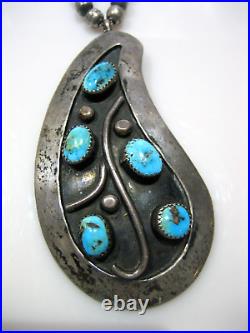 Vintage Sterling Silver Turquoise Bench Bead Pendant Necklace 77.4 Grams