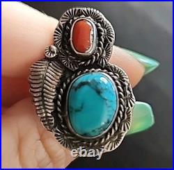 Vintage Sterling Silver Turquoise & Coral Ring Southwestern Native American 925