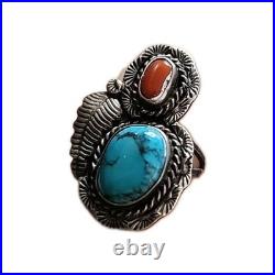 Vintage Sterling Silver Turquoise & Coral Ring Southwestern Native American 925