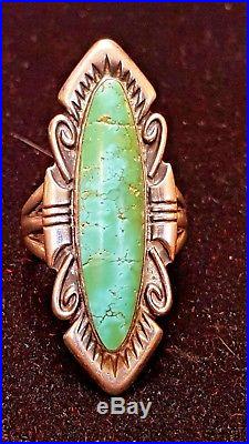 Vintage Sterling Silver Turquoise Gemstone Native American Ring Old Pawn Navette