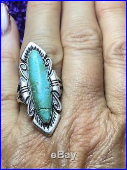 Vintage Sterling Silver Turquoise Gemstone Native American Ring Old Pawn Navette