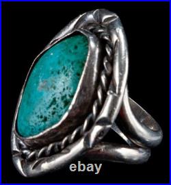 Vintage Sterling Silver Turquoise Rope Frame Ring 24 Grams