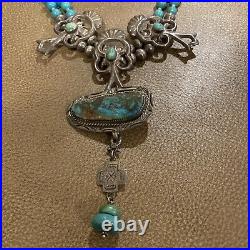 Vintage Sterling Silver Turquoise Signed Kay Johnson Anglo Necklace