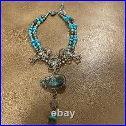 Vintage Sterling Silver Turquoise Signed Kay Johnson Anglo Necklace