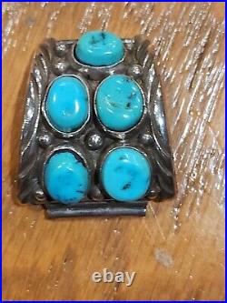 Vintage Sterling Silver & Turquoise Signed Native American Mans Watch Band