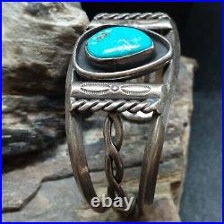 Vintage Sterling Silver Turquoise Tooled Rope Design Cuff Bracelet Navajo Native