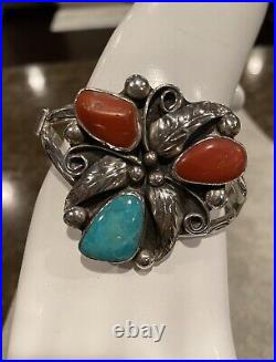 Vintage Sterling Silver Turquoise and Coral Cuff Bracelet Signed